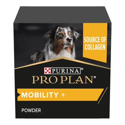 Purina Pro Plan Mobility+ Powder, source of collagen, with image of a dog on the packaging Purina Pro Plan Mobility+ Powder, source of collagen, with image of a dog on the packaging