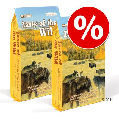 Две упаковки Taste of the Wild High Prairie Canine Formula с изображением бизонов и волков, крупный красный знак процента для обозначения скидки