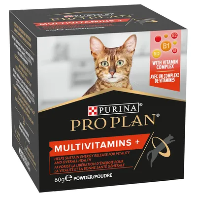 Кутия Purina Pro Plan Multivitamins+ за котки, 60 г прах. Видими са надписи: With vitamin complex, B1, B2, B5, B12. Снимка на котка отпред на опаковката.