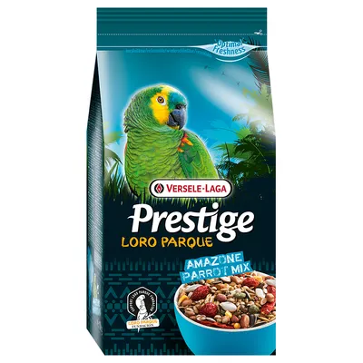 Versele-Laga Prestige Loro Parque Amazon Parrot Mix. Premium food mix for Amazon parrots with fresh ingredients. Supported by Loro Parque Foundation.
