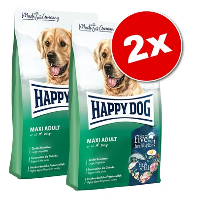 Lot de 2 sacs Happy Dog Maxi Adult, croquettes pour chiens de plus de 26 kg. Texte visible : Made with Love in Germany, Große Kroketten, Unterstützt die Gelenke, Hochverdauliche Proteinvielfalt. Lot de 2 sacs Happy Dog Maxi Adult, croquettes pour chiens de plus de 26 kg. Texte visible : Made with Love in Germany, Große Kroketten, Unterstützt die Gelenke, Hochverdauliche Proteinvielfalt.