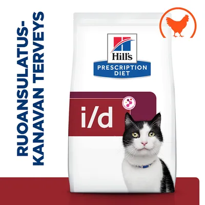 Hill's Prescription Diet i/d kissanruoka, ruoansulatuskanavan terveys, kanasymboli pakkauksessa. Pussissa näkyy mustavalkoinen kissa.