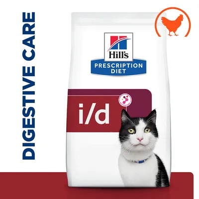 Hill's Prescription Diet i/d macskaeledel csomagolás, DIGESTIVE CARE felirattal és narancssárga csirke szimbólummal a jobb felső sarokban.