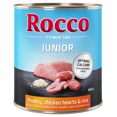 Rocco Junior mokra karma, drób, serca z kurczaka i ryż, 800g. Optymalny stosunek wapnia do fosforu.
