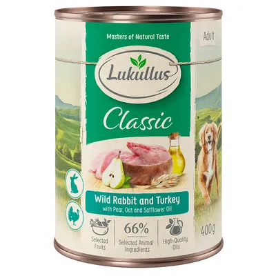 Lukullus Classic Adult, iepure sălbatic și curcan cu pere, ovăz și ulei de șofrănel. 66% ingrediente animale selectate, uleiuri de calitate, fructe selectate. Conținut: 400g.