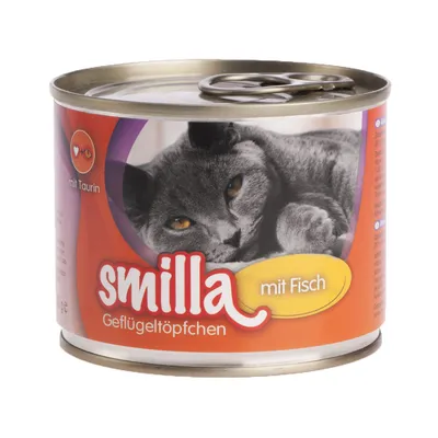 Boîte de nourriture pour chat Smilla Geflügeltöpfchen mit Fisch, mention « mit Taurin », image d’un chat gris sur l’étiquette. Texte en allemand.