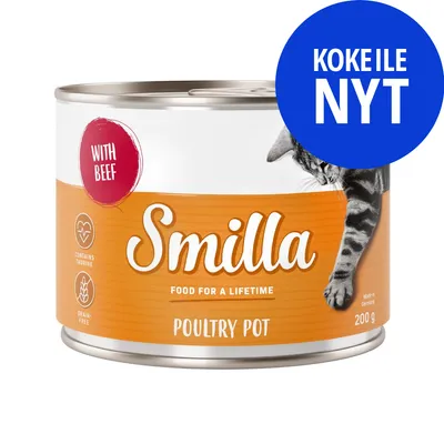 Smilla Poultry Pot kissanruokapurkki, 200 g. Teksti: WITH BEEF, CONTAINS TAURINE, GRAIN-FREE, FOOD FOR A LIFETIME. Sininen ympyrä: KOKEILE NYT.