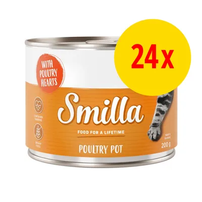 Smilla Poultry Pot 200 g, with poultry hearts, contains taurine, grain-free. 24x monipakkaus. Kissaruokapurkki, oranssi etiketti, näkyvissä kissan tassu.