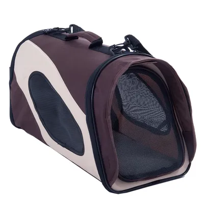 Переноска для животных из ткани с сетчатыми вставками по бокам и спереди, коричнево-бежевого цвета, с ручкой для переноски.