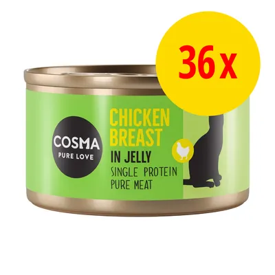COSMA PURE LOVE CHICKEN BREAST IN JELLY, SINGLE PROTEIN PURE MEAT -kissanruoka, 36x näkyy pakkauksessa