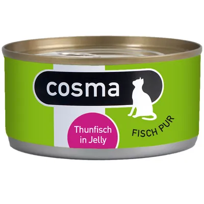 cosma Thunfisch in Jelly, Fisch pur. Dose mit grünem Etikett und weißer Katzen-Silhouette.