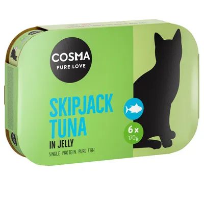 Cosma Pure Love Skipjack Tuna in Jelly, confezione da 6 x 170 g, single protein pure fish. Immagine di un gatto stilizzato sulla confezione.