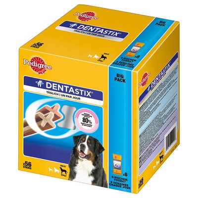 Pedigree Dentastix Maxi, 56 stuks, dagelijks gebruik voor honden vanaf 25 kg. Verpakking toont afbeelding van een hond en claim: vermindert tandsteen tot 80%.