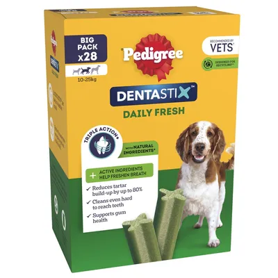 Pedigree Dentastix Daily Fresh, big pack of 28 for 10-25kg. Reduces tartar by up to 80%, cleans hard to reach teeth, supports gum health, with natural ingredients to freshen breath.