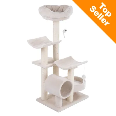 Beżowy drapak dla kota z sizalowymi słupkami, legowiskiem, dwoma półkami, tunelem i zabawką na sznurku. Napis w rogu: Top Seller.