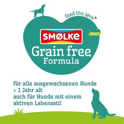 SMØLKE Grain free Formula, für alle ausgewachsenen Hunde über 1 Jahr, auch für Hunde mit aktivem Lebensstil, mit natürlichen Zutaten, feed the love. SMØLKE Grain free Formula, für alle ausgewachsenen Hunde über 1 Jahr, auch für Hunde mit aktivem Lebensstil, mit natürlichen Zutaten, feed the love.