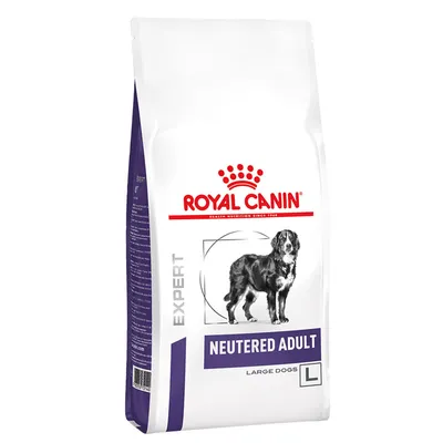 Royal Canin Expert Neutered Adult Large Dogs L. hrană uscată pentru câini mari sterilizați, ambalaj cu imagine de câine și detalii despre produs.