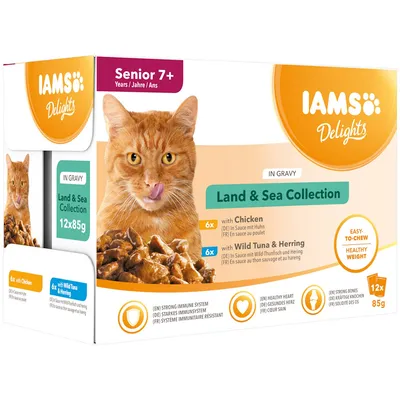 IAMS Delights Land & Sea Collection Senior 7+ i sauce, 12x85g. Varianter: 6x kylling, 6x vild tunfisk og sild. Understøtter immunsystem, hjertesundhed og stærke knogler.