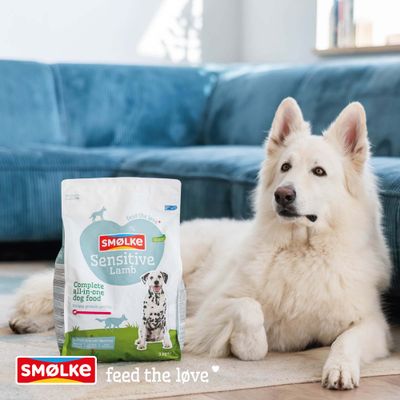 SMØLKE Sensitive Lamb Complete all-in-one dog food, unique protein profile, healthy skin and digestion, 3 kg. Slogan: feed the love.