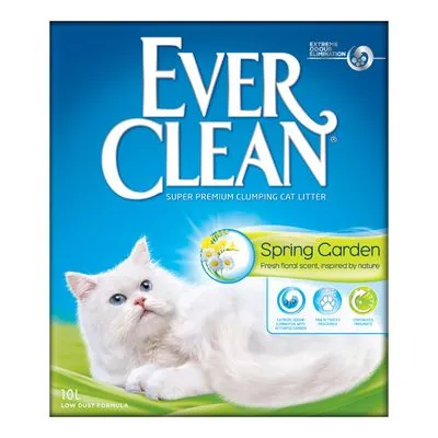 Ever Clean Super Premium Clumping Cat Litter Spring Garden, 10L, low dust formula, frisse bloemengeur, met witte kat op de verpakking. Zichtbare pictogrammen voor geurcontrole en klontvorming. Ever Clean Super Premium Clumping Cat Litter Spring Garden, 10L, low dust formula, frisse bloemengeur, met witte kat op de verpakking. Zichtbare pictogrammen voor geurcontrole en klontvorming.