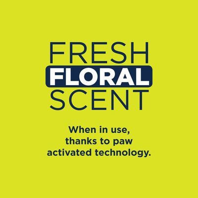 FRESH FLORAL SCENT. When in use, thanks to paw activated technology. (Engelstalige tekst op afbeelding)