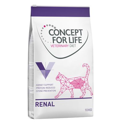 Concept for Life Veterinary Diet RENAL kattenvoer 10 kg, kidney support, protein-reduced, stone prevention. Witte zak met paarse accenten en geometrische katafbeelding.