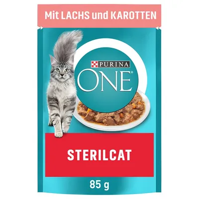 Purina ONE Sterilcat, 85 g. Z widocznym napisem: Mit Lachs und Karotten. Opakowanie z wizerunkiem kota i talerzem karmy.