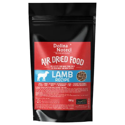 Dolina Noteci Superfood Air Dried Food Lamb Recipe, 150g. Gedroogd hondenvoer met lam, graanvrij, zonder conserveermiddelen, rijk aan natuurlijke antioxidanten.