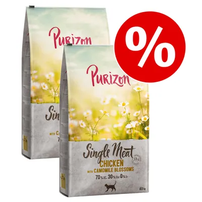 Две упаковки Purizon Single Meat Chicken with Camomile Blossoms 6,5 кг, надпись: 70 % – 30 % – 0 %, изображение собаки, красный знак процента для акции