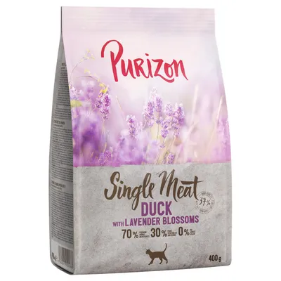 Purizon Single Meat Duck laventelinkukilla, 70 % eläinperäisiä ainesosia, 30 % hedelmiä ja vihanneksia, 0 % viljaa, 400 g. Kissanruoka.