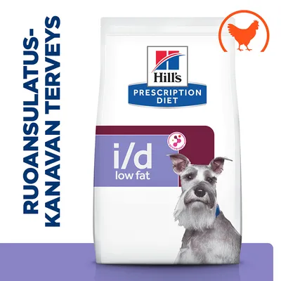 Hill's Prescription Diet i/d low fat koiranruokapakkaus, etiketissä teksti 'RUOANSULATUSKANAVAN TERVEYS' ja kanasymboli. Pakkauksessa kuvattuna snautseri.