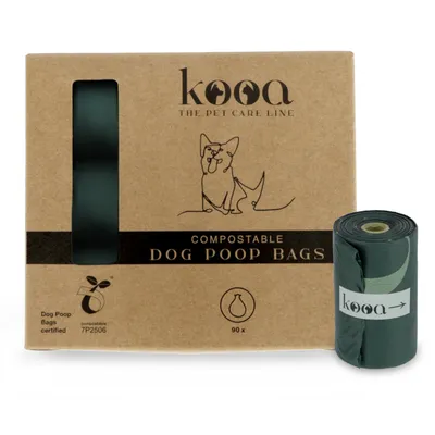 kooa composteerbare hondenpoepzakjes, verpakking met 90 stuks, zichtbare rol zakjes en certificeringstekst 'Dog Poop Bags certified 7P2506' op de doos.