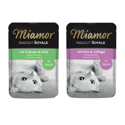Miamor Ragout Royale, 44 saszetki. Na opakowaniu widoczny kot i tekst: mit Ente & Geflügel, In Sauce, ohne Zusatz von Rind.