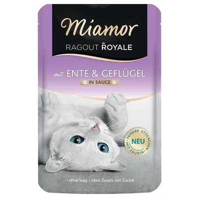 Miamor Ragout Royale kacsával és baromfival szószban. Új, finomabb darabok, taurinnal. Szója nélkül, hozzáadott cukor nélkül.