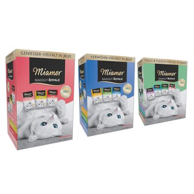 Miamor Ragout Royale perutninska izbira v omaki, pakiranje s 12 x 100g vrečkami. Fini koščki s tavrinom, vrste: piščanec, puran, raca in perutnina. Novo.