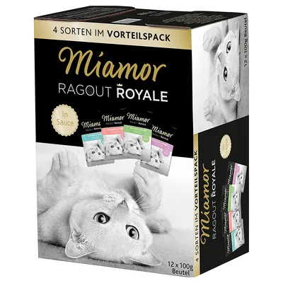 Confezione Miamor Ragout Royale in Sauce, 4 varietà, 12 buste da 100 g ciascuna. Testo visibile: '4 Sorten im Vorteilspack', 'In Sauce'. Immagine di un gatto e delle buste assortite.