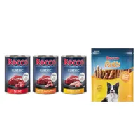 Kombi-Paket: Rocco Classic Probiermix Nassfutter + Rolls Snack - 24 x 400 g Topseller-Mix: Rind pur, Rind/Geflügelherzen, Rind/Huhn + 3 x 200 g Hühnerbrustfilet