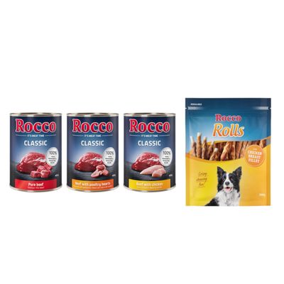 Kombi-Paket: Rocco Classic Probiermix Nassfutter + Rolls Snack 24 x 400 g Topseller-Mix: Rind pur, Rind/Geflügelherzen, Rind/Huhn + 3 x 200 g Hühnerbrustfilet