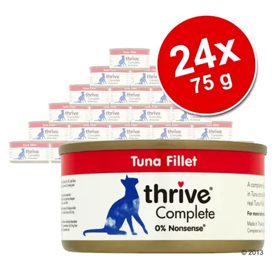 Zestaw 24 puszek thrive Complete Tuna Fillet, każda 75 g. Widoczna etykieta: thrive Complete, 0% Nonsense, ilustracja kota.