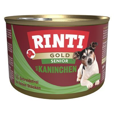 RINTI Gold Senior mit Kaninchen, getreidefrei, in feinen Stücken. Afbeelding van een hond op het blik. Duitse tekst zichtbaar.