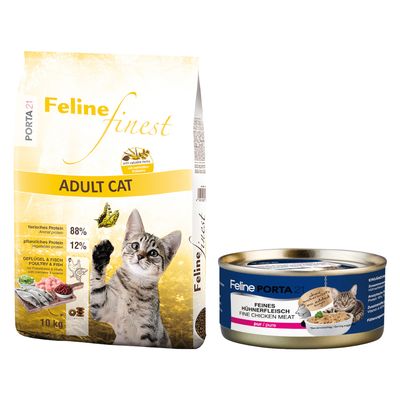 Feline Porta 21 finest Adult SENSIBLE kattefoder, stor pose og seks dåser Feline Porta 21 Hühnerfleisch Fine Chicken Meat. Rød procent-tegn viser tilbud eller rabat.