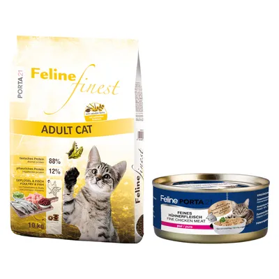 Kombipakke: 10 kg Porta 21 + 6 x 156 g Porta 21 - Finest Adult Cat + 6 x 156 g kylling