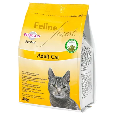 Feline Finest Porta 21 Pet Food Adult Cat, 500g. Értékes gyógynövényekkel és gyümölcsökkel, gazdag omega-3, omega-6 és taurinban, tiszta csirkezsír a fényes szőrzetért.