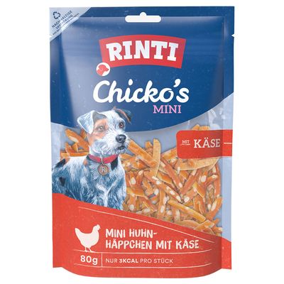 Rinti Chicko Mini, 225 g, mini huhn-häppchen, mit 100% huhn-filet, nur 3 kcal pro stück. Texte en allemand sur l’emballage.