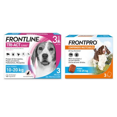 Pack antiparasitarios: pipetas Frontline + comprimidos Frontpro para perros - Pipetas 10-20 kg + comprimidos 10-25 kg
