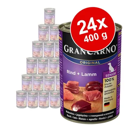 GranCarno Original Rind + Lamm Senior, 24×400 g konzervy. Text: 100 % frische Zutaten, getreidefrei, glutenfrei, Made in Germany. Na etikete hovädzie a jahňacie mäso.