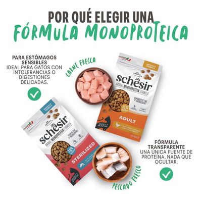 Schesir Animal Monoprotein Formula para gatos, variantes Adult y Sterilized. Ventajas: ideal para estómagos sensibles, receta transparente con solo una fuente de proteína, carne o pescado fresco.
