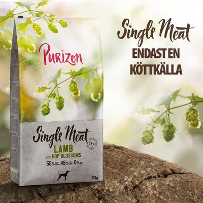 Purizon Single Meat LAMB with HOP BLOSSOMS, endast en köttkälla. 55 % kött, 45 % grönsaker, 0 % spannmål. Förpackning 12 kg synlig.
