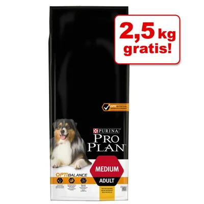 Vreća hrane za pse Purina Pro Plan Medium Adult, OptiBalance. Istaknuto: 2,5 kg gratis! Vidljiv pas na pakiranju.