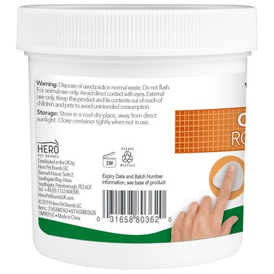 Embalagem branca com tampa, texto em inglês sobre advertências e armazenamento, código de barras, símbolos de reciclagem e validade, marca Hero Pet Brands visível.